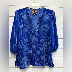 EUC Johnny Was Arzella Embroidered Velvet Blouse Bright Cobalt Size XSmall $398